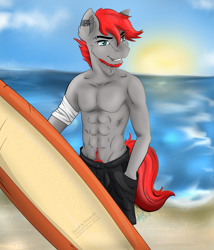 Size: 3000x3500 | Tagged: safe, artist:dainoth, oc, oc only, oc:blaze, anthro, abs, bandage, beard, clothes, ear piercing, eyebrow piercing, facial hair, high res, lip piercing, partial nudity, piercing, surfboard, topless, treasure trail, ych result
