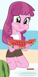 Size: 423x851 | Tagged: safe, artist:darkplayerferraz269, artist:grapefruitface1, derpibooru exclusive, equestria girls, g4, base used, beach, clothes, eating, female, food, shorts, show accurate, solo, vest, watermelon
