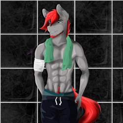 Size: 3000x3000 | Tagged: safe, artist:dainoth, oc, oc only, oc:blaze, anthro, abs, bandage, clothes, ear piercing, eyebrow piercing, high res, lip piercing, muscles, partial nudity, piercing, sweat, topless, treasure trail, workout