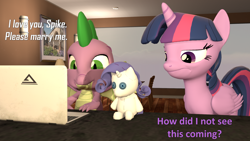 Size: 1920x1080 | Tagged: safe, ai assisted, ai content, artist:red4567, fifteen.ai, rarity, spike, twilight sparkle, alicorn, dragon, pony, g4, 3d, computer, female, laptop computer, male, mare, rarity plushie, ship:sparity, shipping, source filmmaker, straight, twilight sparkle (alicorn)