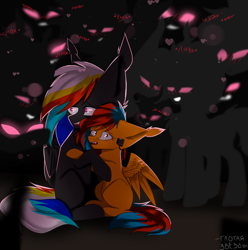 Size: 1600x1610 | Tagged: safe, artist:shinamon94, oc, oc only, oc:darky wings, oc:kaspar, pegasus, pony, blushing, commission, cyrillic, ear tufts, fangs, glowing, glowing eyes, heart, hug, multicolored hair, open mouth, pink eyes, russian, scared, visor