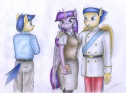 Size: 2057x1512 | Tagged: safe, artist:sinaherib, first base, flash sentry, twilight sparkle, alicorn, anthro, g4, book, brothers, clothes, female, male, pants, ship:flashlight, shipping, shirt, siblings, straight, traditional art, twilight sparkle (alicorn), vest