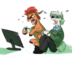 Size: 1113x881 | Tagged: safe, artist:anticular, oc, oc only, oc:anticular, oc:pixel grip, pony, unicorn, anthro, crying, duo, furry, gaming, sitting, television, yelling