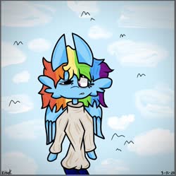 Size: 828x825 | Tagged: safe, artist:kittycatrittycat, rainbow dash, bird, pegasus, semi-anthro, series:colors of life, g4, arm hooves, clothes, fluffy, head fluff, irl, jeans, pants, photo, short hair, solo, sweatshirt, tired