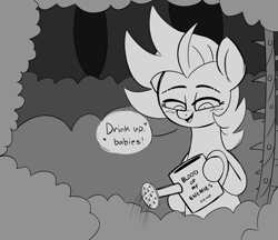 Size: 1476x1275 | Tagged: safe, artist:taaffeiite, derpibooru exclusive, oc, oc only, oc:cyberia starlight, earth pony, pony, blushing, bush, dialogue, female, forest, grayscale, mare, monochrome, simple background, smiling, solo, speech bubble, talking to plants, vine, watering, watering can
