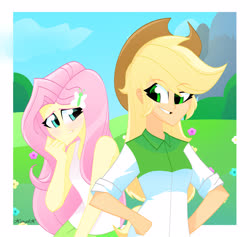 Size: 3448x3264 | Tagged: safe, artist:xan-gelx, applejack, fluttershy, equestria girls, g4, blushing, clothes, cowboy hat, female, hat, high res, redraw, remake, smiling, stetson, tank top