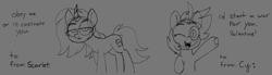 Size: 3105x852 | Tagged: safe, artist:taaffeiite, derpibooru exclusive, oc, oc only, oc:cyberia starlight, oc:scarlet starlight, earth pony, pony, unicorn, black and white, comic, female, gray background, grayscale, mare, monochrome, parent:cyberia starlight, parent:sakura starlight, simple background, sketch, text, threat, threat of castration, valentine's day card