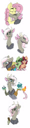 Size: 700x2937 | Tagged: safe, artist:celestial-rainstorm, fluttershy, oc, oc:athena, earth pony, hybrid, pony, unicorn, g4, bag, chocolate, comic, female, fire, food, interspecies offspring, magic, mare, offspring, parent:discord, parent:fluttershy, parents:discoshy, rock, saddle bag, simple background, water, white background
