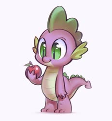 Size: 1424x1532 | Tagged: safe, artist:mirroredsea, spike, dragon, g4, apple, cute, food, male, simple background, smiling, solo, spikabetes, white background