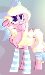 Size: 1143x1904 | Tagged: safe, artist:heidi, artist:lazycloud, oc, oc only, oc:bay breeze, pegasus, pony, base used, blushing, bow, clothes, cute, female, hair bow, looking up, mare, mouth hold, simple background, socks, solo, striped socks, tail bow