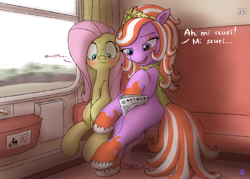 Size: 2700x1937 | Tagged: safe, artist:jh, fluttershy, earth pony, filly (filly funtasia), pegasus, pony, g4, 3:, bad touch, blushing, cape, clothes, crossover, dialogue, duo, duo female, eurotrip, female, filly funtasia, italian, jewelry, lidded eyes, looking down, lynn (filly funtasia), mare, necklace, newspaper, open mouth, personal space invasion, ponified, reading, shy, sitting, smiling, sweat, tiara, train, unshorn fetlocks, wide eyes, window