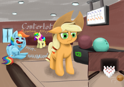 Size: 4961x3496 | Tagged: safe, artist:khaki-cap, applejack, rainbow dash, oc, oc:rainbow tashie, earth pony, pegasus, pony, g4, bowling, bowling ball, bowling pin, digital art, earth pony oc, eenope, exploitable meme, funny, hat, laughing, meme, sike