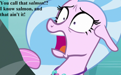 Size: 1152x720 | Tagged: safe, edit, edited screencap, editor:korora, screencap, silverstream, seapony (g4), g4, what lies beneath, cropped, female, floppy ears, jewelry, necklace, reaction image, seapony silverstream, solo, speech, wat (reaction image)