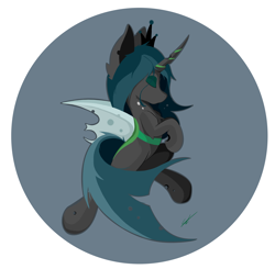 Size: 3864x3784 | Tagged: safe, artist:groomlake, queen chrysalis, changeling, changeling queen, g4, circle background, crown, curved horn, eyes closed, female, high res, horn, jewelry, love, mare, regalia, simple, simple background, solo, spots, spread wings, white background, wings