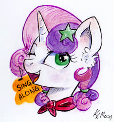 Size: 778x832 | Tagged: safe, artist:lailyren, sweetie belle, pony, unicorn, g4, cute, diasweetes, female, filly, magnet, music notes, one eye closed, singing, solo, starry eyes, stars, wingding eyes