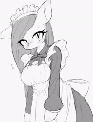 Size: 1568x2048 | Tagged: safe, artist:91o42, pinkie pie, earth pony, anthro, g4, arm hooves, black and white, blushing, clothes, female, grayscale, looking at you, maid, monochrome, pinkamena diane pie, simple background, sketch, solo