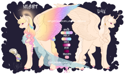 Size: 833x500 | Tagged: safe, artist:cajes, oc, oc only, alicorn, pony, alicorn oc, clothes, colored hooves, colored wings, curved horn, dress, duo, ethereal mane, female, horn, mare, multicolored wings, rainbow wings, reference sheet, see-through, simple background, starry mane, transparent background, wings