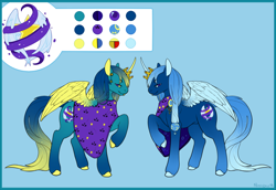 Size: 1200x826 | Tagged: safe, artist:noxidium, oc, oc only, alicorn, pony, alicorn oc, cloak, clothes, colored hooves, crown, curved horn, duo, horn, jewelry, male, raised hoof, reference sheet, regalia, stallion