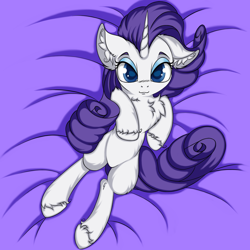 Size: 2500x2500 | Tagged: safe, artist:rurihal, rarity, pony, unicorn, g4, :3, bed, blue eyes, blue eyeshadow, chest fluff, cute, ear fluff, eyebrows, eyeshadow, featureless crotch, female, fluffy, grin, high res, hoof fluff, lidded eyes, looking at you, makeup, raribetes, smiling, smiling at you, solo, this will end in cuddles