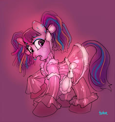 Size: 1000x1058 | Tagged: safe, artist:turbinedivinity, oc, oc only, earth pony, pony, blush sticker, blushing, clothes, crossdressing, dress, earth pony oc, femboy, frilly dress, gradient background, latex dress, maid, male, nose piercing, nose ring, open mouth, piercing, pigtails, raised hoof, signature, solo, stallion