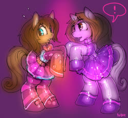 Size: 1000x929 | Tagged: safe, artist:turbinedivinity, oc, oc only, earth pony, pony, clothes, collar, crossdressing, dress, duo, earth pony oc, exclamation point, femboy, frilly dress, gradient background, latex dress, male, rearing, signature, stallion, surprised, transformation