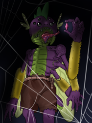 Size: 720x960 | Tagged: safe, artist:zettaidullahan, spike, dragon, hybrid, g4, clothes, fanfic art, gem, male, multiple eyes, multiple limbs, pants, partial nudity, solo, spider web, tongue out, topless