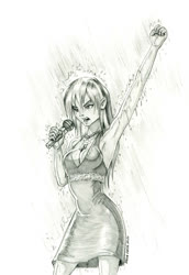 Size: 950x1377 | Tagged: safe, artist:baron engel, rainbow dash, equestria girls, armpits, black dress, breasts, busty rainbow dash, clothes, commissioner:ajnrules, dress, female, little black dress, microphone, monochrome, pencil drawing, rain, rainbow dash always dresses in style, singing, singing in the rain, sketch, solo, traditional art, wet, wet clothes, wet dress