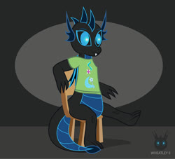 Size: 1385x1257 | Tagged: safe, artist:wheatley r.h., derpibooru exclusive, oc, oc only, oc:w. rhinestone eyes, dragon, bat wings, chair, clothes, cutie mark, cutie mark on clothes, dragon oc, dragoness, dragoness wheatley, fat tail, female, folded wings, shirt, simple background, sitting, solo, vector, watermark, wings
