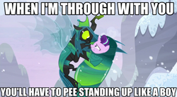 Size: 1280x707 | Tagged: safe, artist:logan jones, edit, edited screencap, editor:logan jones, screencap, queen chrysalis, starlight glimmer, g4, the ending of the end, caption, cocoon, defeated, dragonzball p, dragonzball peepee, image macro, meme, pure unfiltered evil, reversed gender roles equestria, text, ultimate chrysalis