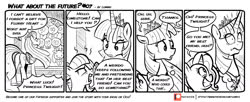 Size: 1600x655 | Tagged: safe, artist:lummh, limestone pie, luster dawn, twilight sparkle, alicorn, earth pony, pony, unicorn, comic:what about the future, g4, the last problem, angry, black and white, butt, comic, female, grayscale, grin, mare, monochrome, older, older twilight, older twilight sparkle (alicorn), plot, princess twilight 2.0, simple background, smiling, twilight sparkle (alicorn), white background