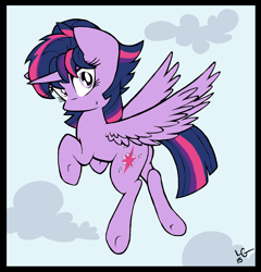 Size: 1780x1852 | Tagged: safe, alternate version, artist:lucas_gaxiola, twilight sparkle, alicorn, pony, g4, alternate hairstyle, cloud, colored, female, flying, looking back, mare, signature, smiling, solo, twilight sparkle (alicorn), underhoof