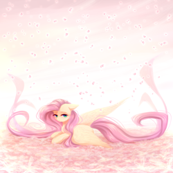 Size: 2000x2000 | Tagged: safe, artist:avrameow, fluttershy, pegasus, pony, g4, cute, digital art, female, floppy ears, flower petals, high res, looking at you, mare, prone, shyabetes, solo, spread wings, three quarter view, wings
