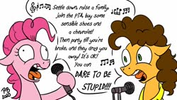 Size: 1200x675 | Tagged: safe, artist:pony-berserker, cheese sandwich, pinkie pie, earth pony, pony, pony-berserker's twitter sketches, g4, dare to be stupid, derp, karaoke, microphone, music notes, singing, song, song reference, voice actor joke, weird al yankovic