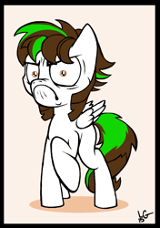 Size: 1016x1444 | Tagged: safe, artist:lucas_gaxiola, oc, oc only, pegasus, pony, do i look angry, frown, grumpy, pegasus oc, raised hoof, signature, solo, wings