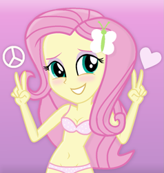 Size: 855x900 | Tagged: safe, artist:grapefruitface1, fluttershy, equestria girls, g4, belly button, breasts, female, gradient background, heart, mercedes symbol mistaken for peace sign, polka dot underwear, show accurate, solo, underwear