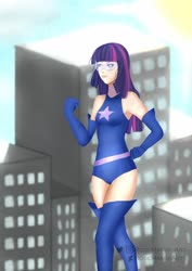 Size: 1280x1811 | Tagged: safe, artist:rosemakerart, twilight sparkle, human, g4, boots, clothes, female, giantess, humanized, leotard, macro, magic gaia, shoes, superhero, thigh boots