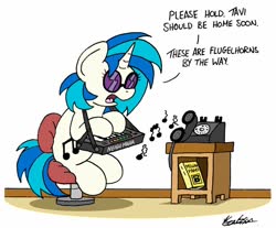 Size: 1024x846 | Tagged: safe, artist:bobthedalek, dj pon-3, vinyl scratch, pony, unicorn, g4, blatant lies, chair, female, keyboard, mare, music notes, musical instrument, phone, sitting, solo