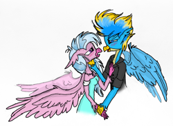 Size: 1479x1085 | Tagged: safe, artist:mysteriousshine, gallus, silverstream, griffon, hippogriff, anthro, g4, blushing, clothes, dress, female, male, ship:gallstream, shipping, speedpaint available, straight