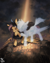 Size: 1047x1300 | Tagged: safe, artist:foxinshadow, fluttershy, rainbow dash, ghost, pegasus, pony, undead, fanfic:a pegasus promise, g4, comforting, commission, crepuscular rays, crying, duo, eyes closed, fanfic art, female, lesbian, mare, outdoors, raised hoof, sad, ship:flutterdash, shipping, spirit, spread wings, teary eyes, wings, wings down