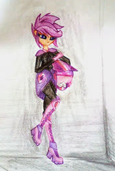 Size: 1213x1807 | Tagged: safe, artist:mysteriousshine, scootaloo, equestria girls, g4, clothes, cutie mark, cutie mark on clothes, female, helmet, motocross outfit, older, older scootaloo, solo, the cmc's cutie marks, traditional art
