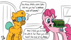 Size: 1200x675 | Tagged: safe, alternate version, artist:pony-berserker, pinkie pie, twilight sparkle, alicorn, earth pony, pony, pony-berserker's twitter sketches, g4, alcohol, beer, coronavirus, covid-19, covidiots, hazmat suit, partial color, ppe, subverting expectations, twilight sparkle (alicorn)