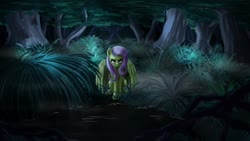 Size: 1280x720 | Tagged: safe, artist:gloomydinosaur, fluttershy, pegasus, pony, g4, female, forest, front view, full face view, grass, looking at you, mare, outdoors, pond, sitting, solo, spread wings, tree, wings