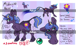 Size: 5101x3115 | Tagged: safe, artist:sherochan, oc, oc only, oc:midnight haze, original species, pony, unicorn, adoptable, ear fluff, looking at you, looking back, solo