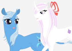 Size: 565x400 | Tagged: safe, artist:therealfenix01, fleur-de-lis, trixie, g4, best friends, curved horn, cutie mark, horn, mane, simple background, white background
