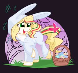 Size: 2048x1918 | Tagged: safe, artist:cadetredshirt, oc, oc only, oc:hollie, butterfly, earth pony, pony, animal costume, basket, bunny costume, bunny ears, clothes, costume, digital art, easter, easter basket, easter bunny, holiday, music notes, simple background, smiling, solo, walking, ych result