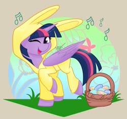 Size: 2565x2414 | Tagged: safe, artist:cadetredshirt, twilight sparkle, alicorn, butterfly, pony, g4, animal costume, basket, bunny costume, bunny ears, clothes, commission, costume, cute, digital art, easter, easter basket, easter egg, female, high res, holiday, horn, looking at you, mare, music notes, one eye closed, simple background, singing, solo, twiabetes, twilight sparkle (alicorn), walking, wings, wink, ych result