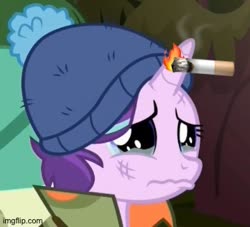 Size: 348x316 | Tagged: safe, edit, edited screencap, editor:useraccount, screencap, starlight glimmer, pony, unicorn, g4, the mean 6, abuse, burning, cigarette, cropped, crying, female, fire, glimmerbuse, hat, mare, op is a duck, sad, sadlight glimmer, scratches, solo, teary eyes, wavy mouth