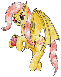 Size: 1409x1785 | Tagged: safe, artist:40kponyguy, derpibooru exclusive, edit, editor:binkyt11, fluttershy, bat pony, pony, villains of equestria collab, g4, apple, bat ponified, cute, cute little fangs, fangs, female, flutterbat, flying, food, hoof hold, mare, race swap, simple background, solo, traditional art, transparent background