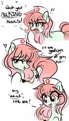 Size: 1170x2048 | Tagged: safe, artist:emberslament, oc, oc only, earth pony, pony, blushing, dialogue, exclamation point, female, hat, heart, lidded eyes, mare, nurse, nurse hat, open mouth, solo, yelling