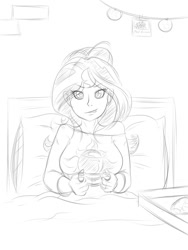 Size: 1500x2000 | Tagged: safe, artist:albertbm, sunset shimmer, equestria girls, g4, bed, black and white, controller, food, grayscale, monochrome, picture, pizza, playing, sketch, solo, tongue out, video game